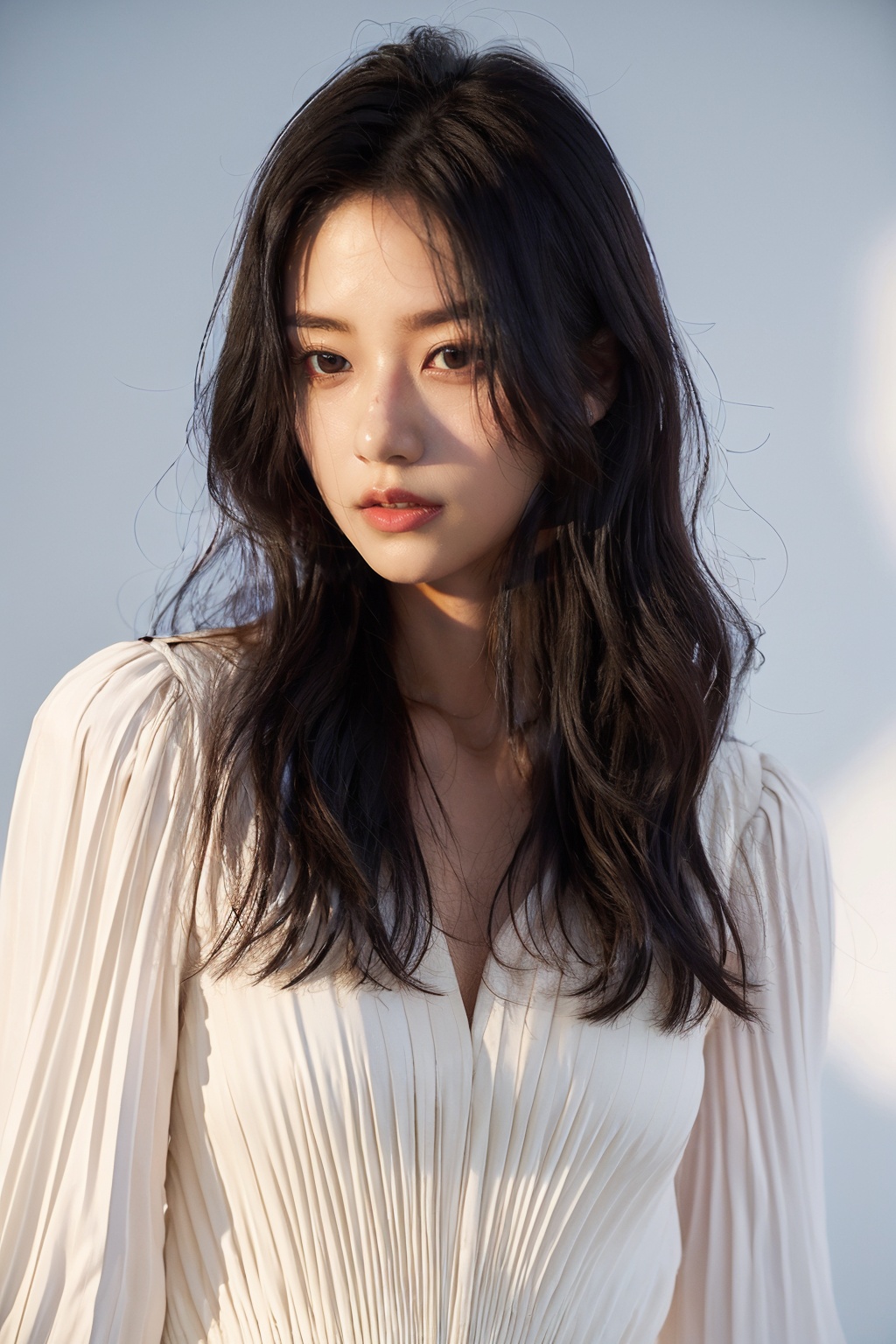 (sfw:1.2),(best quality, masterpiece:1.2),1girl,dusk,upper_body,white long dress,looking_at_viewer,photo gallery,ZP,<lora:王国的新画师_时光掠影_V1.0:0.7>,