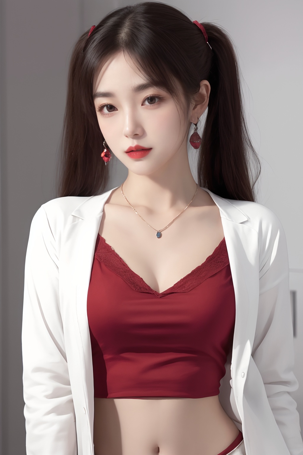 1girl, breasts, cleavage, crop top, earrings, jacket, jewelry, lips, long hair, looking at viewer, medium breasts, midriff, navel, necklace, realistic, red lips, solo, twintails, white jacket  <lora:美女1.0:1>