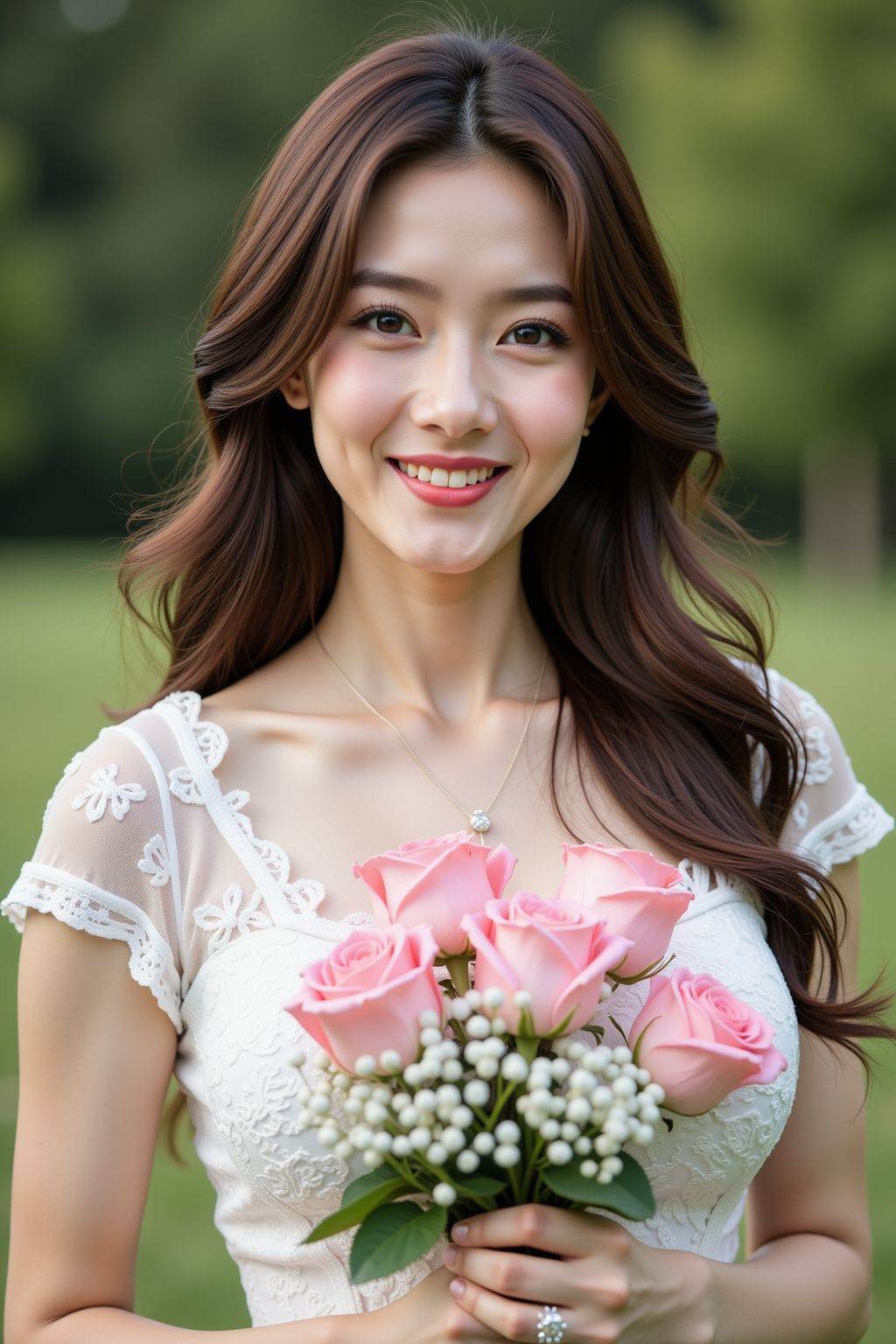 This is a photograph of a young Caucasian woman with fair skin and long, wavy brown hair. She is smiling softly, holding a bouquet of pink roses and white baby's breath. She wears a white, lace-trimmed, short-sleeved dress. The background in outdoor, making her the focal point. The image has a soft, natural lighting that highlights her delicate features and serene expression.