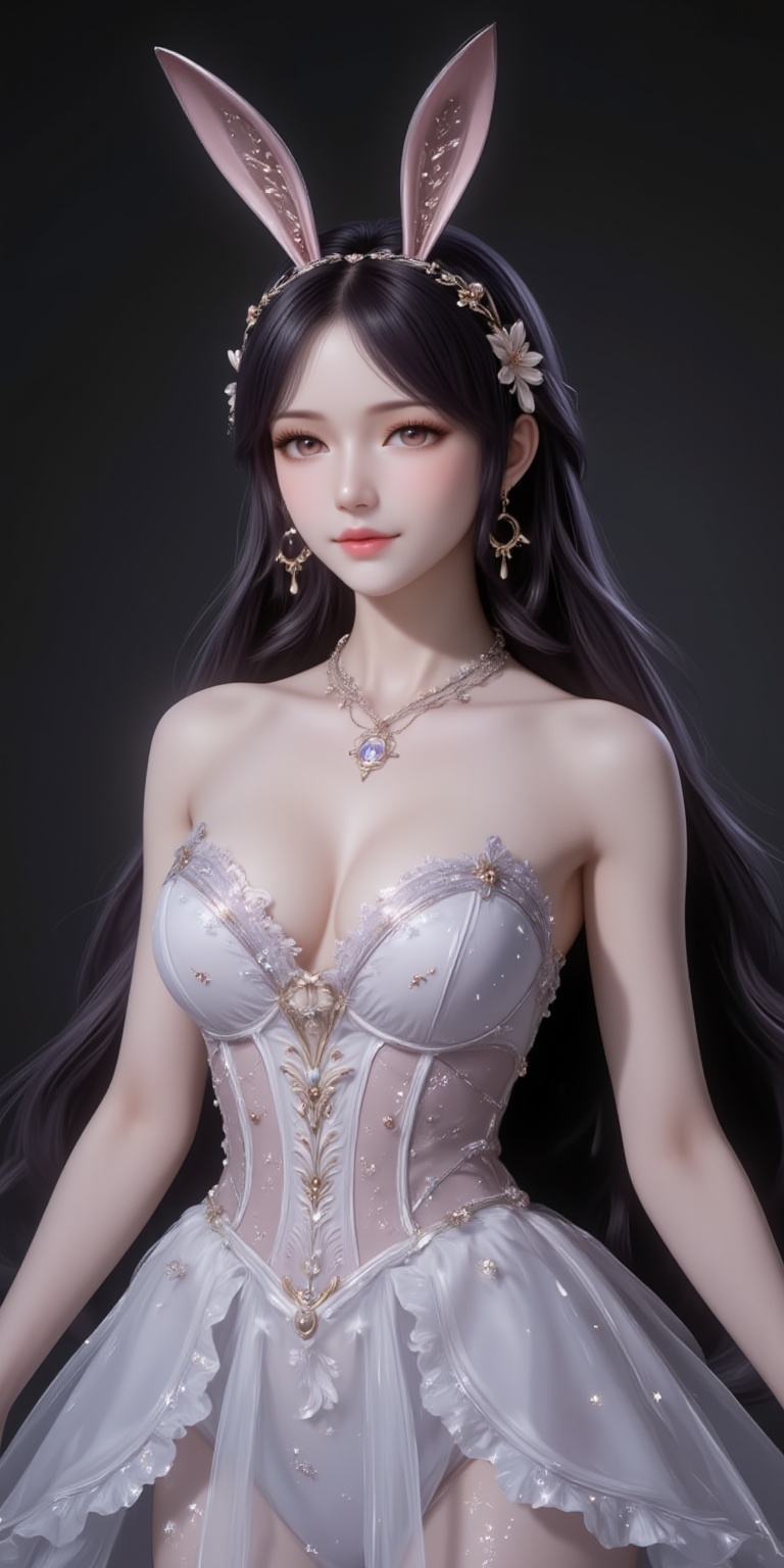 <lora:婚纱1·人物百搭款6:1.1>,hunsha,1girl,dress,solo,breasts,white dress,cleavage,bare shoulders,medium breasts,indoors,standing,strapless dress,sparkle,black_background,simple background,cover,gradient background,close-up details,outstanding style,adding a touch of dimension to your images without compromising details,close-up,<lora:DJ滤镜_2.5D版:0.3>,lvjing,<lora:油画唯美滤镜15:0.2>,baoshi,<lora:江楠楠·衣服百搭款6:1.1>,jiangnannan,black hair,long hair,wavy hair,very long hair,brown eyes,fair_skin,rabbit ears headwear,