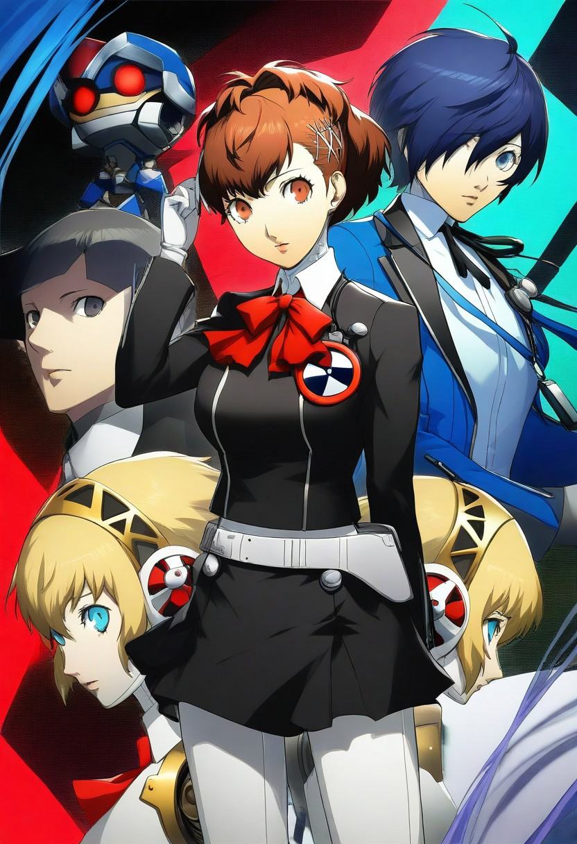 persona, patterned background, looking at viewer, large breasts, action pose, aegis \(persona\), robot joints, yuuki makoto \(persona 3\), 2girls, 1boy, blonde hair, shiomi kotone, blue eyes, school uniform,, masterpiece, very awa, best quality, amazing quality, very aesthetic, absurdres, newest, intricate details