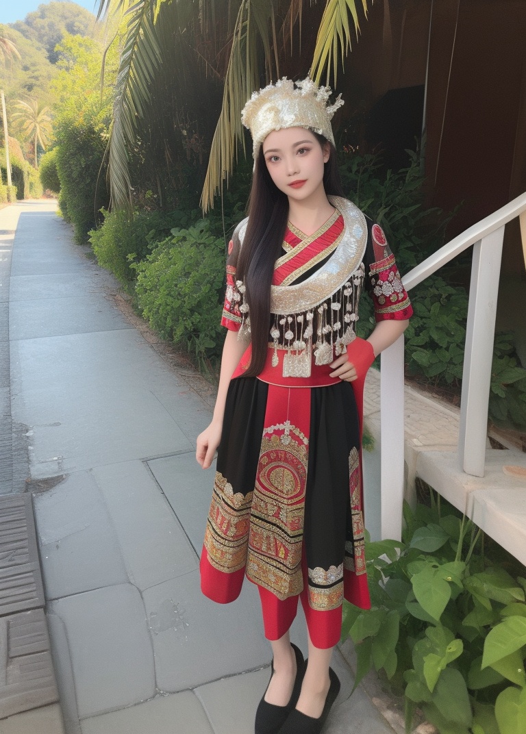 (masterpiece, best quality:1.4),finely detailed,1girl,solo,standing,dress,ethnic attire,hat,jewelry,skirt,outdoors,beach,palm_tree,<lora:海南黎苗族少女黎夏01 :0.8>,