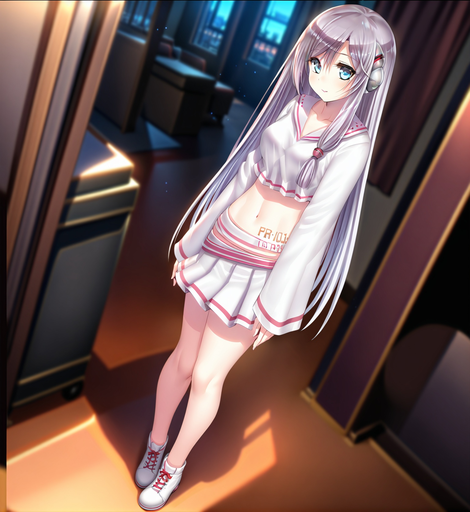 ((masterpiece)),(((best quality))),((extremely detailed)),hdr,1girl,solo,<lora:修手Fixhands_anime_bdsqlsz_V1:0.7>,lucy,<lora:lucy:1>,(midriff:1.1),full body,