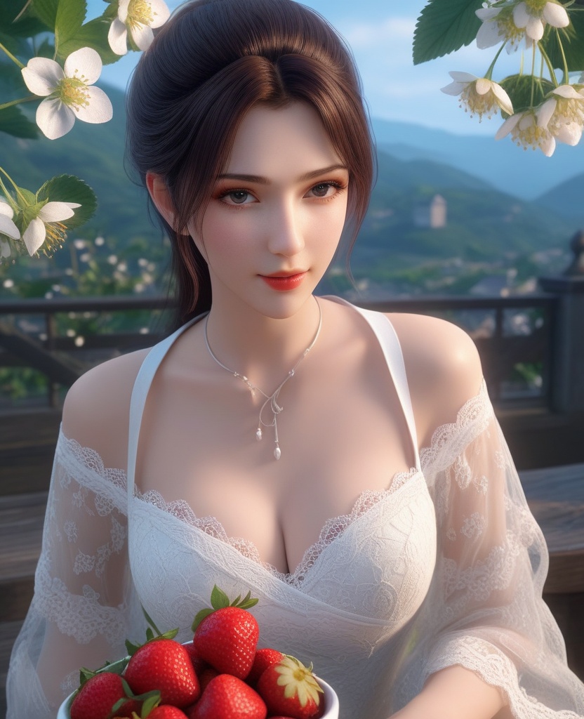 <lora:577-DA-XL-斗破苍穹-云韵-黑服:0.8>(,1girl, ,best quality, ),looking at viewer,masterpiece, (( , )),ultra realistic 8k cg, ,    ,cleavage,strawberry blossoms,lace , (cleavage), (),