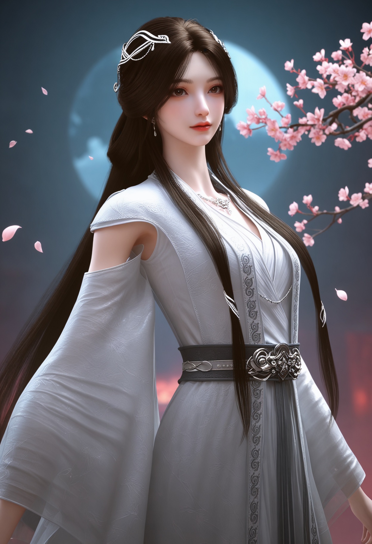 (upper_body:1.2),(looking at viewer:1.1),masterpiece,(best quality),smog,Dark room,dim lighting,peach blossom,falling petals,<lora:YQ_Illustrious光辉v5_雨馨2.0_V2:0.8>,q1528437228,1girl,solo,long hair,hair ornament,jewelry,earrings,dress,brown hair,white dress,necklace,black hair,brown eyes,chinese clothes,long sleeves,detached sleeves,wide sleeves,hair bun,