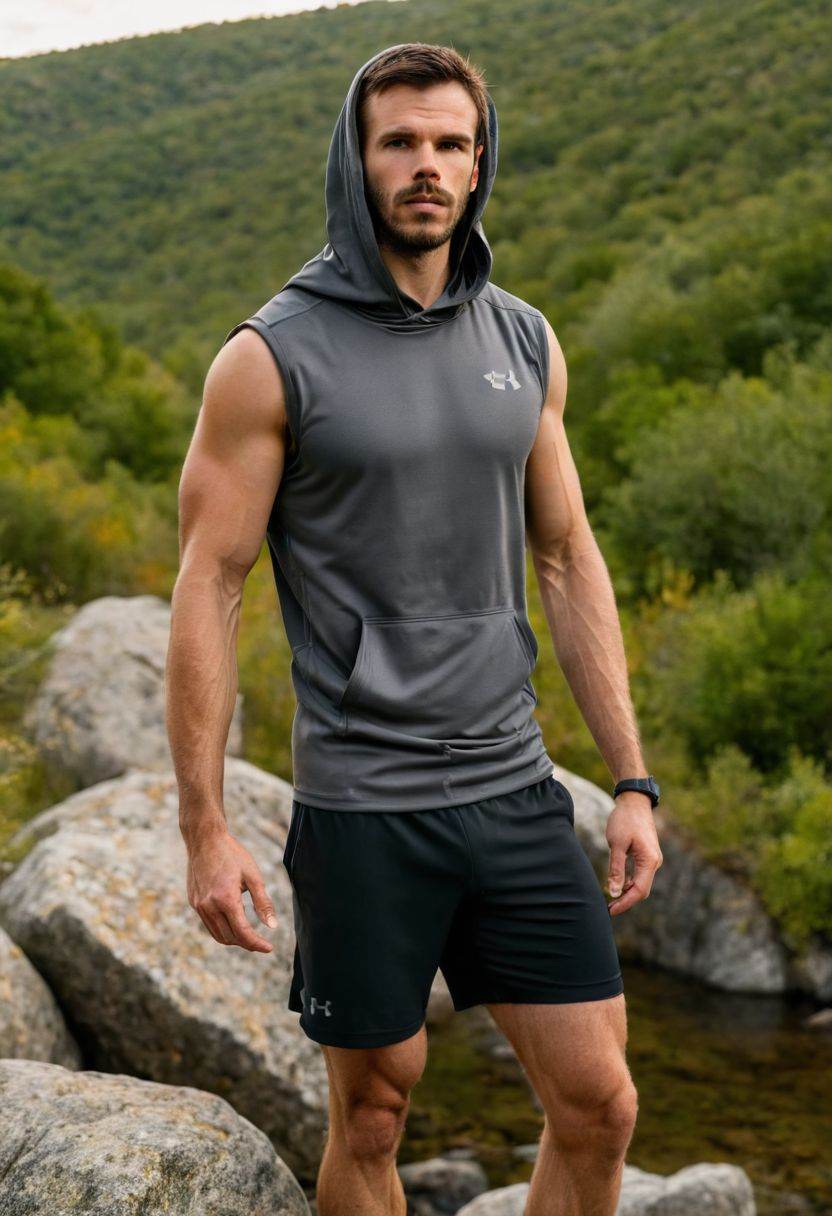 photo of Charlie Weber a man ,  wearing a sleeveless well-fitted under armour hoodie and compression shorts,  standing on...