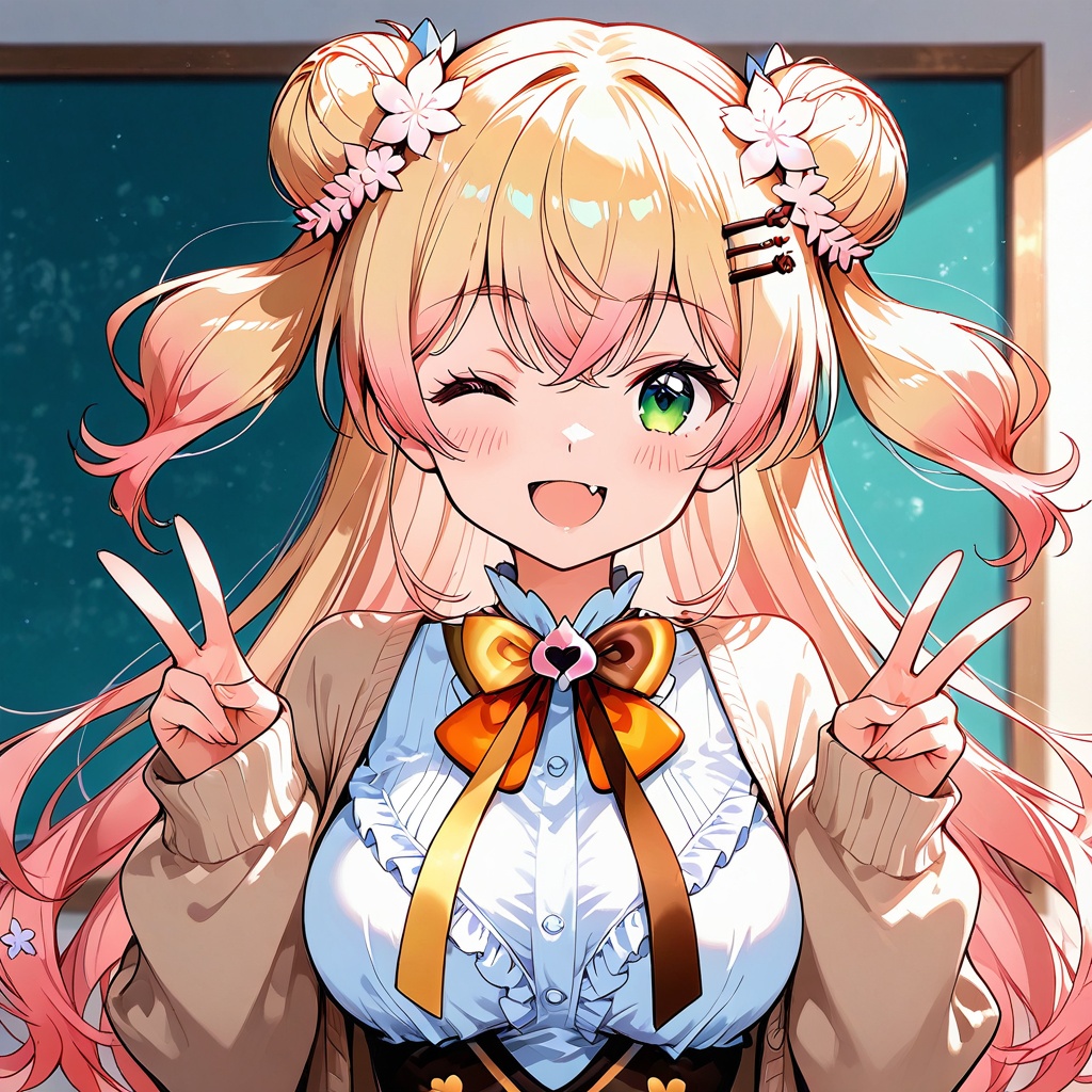 Melting,momosuzu nene, 1girl, solo, virtual youtuber, hair ornament, green eyes, one eye closed, blonde hair, smile, long hair, hair bun, looking at viewer, two side up, double bun, flower, hair flower, multicolored hair, open mouth, hairclip, gradient hair, breasts, pink hair, fang, ,d, blush, shirt, bangs, v, brown bowtie, upper body, long sleeves, brown bow, cardigan, hair between eyes, bow, bell, frills, double v, yellow bowtie, open cardigan, bowtie, large breasts, orange bowtie, open clothes, yellow bow, white shirt,(UHD),anatomically correct,accurate,textured skin,super detail,high details,award winning,best quality,high quality,retina,16k,HD,1080P,8k,