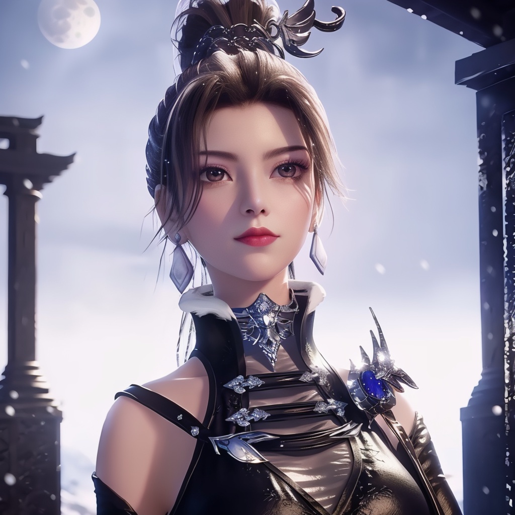 <lora:万界至尊-李雪衣-皮衣:0.8>, (,1girl, ,best quality, ),looking at viewer,  picture-perfect face,   clean, masterpiece,     cinematic lighting, cinematic bloom, fantasy,  , unreal, science fiction, ((,1girl, pov,))(((,tree, 1girl, full moon,snowing,snow ,solo,     solo focus,  long_hair, looking_at_viewer,  )))  (rich:1.4,)     prestige, luxury, jewelry, diamond, gold, pearl, gem, sapphire, ruby, emerald, intricate detail, delicate pattern, charming, alluring, seductive, erotic, enchanting, hair ornament, necklace, earrings, bracelet, ,