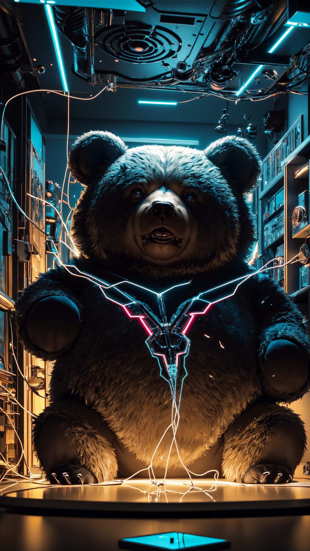 cute adorable chibified Mirrored Chrome bioluminescent circuit board cute adorable obese Bear",glowing wires,hyper detailed,beautiful composition,visible details,Meaningful Visual Art,Digital Illustration,Unreal Engine 5,32k,3d digital art,sharp focus,masterpiece,fine art,
