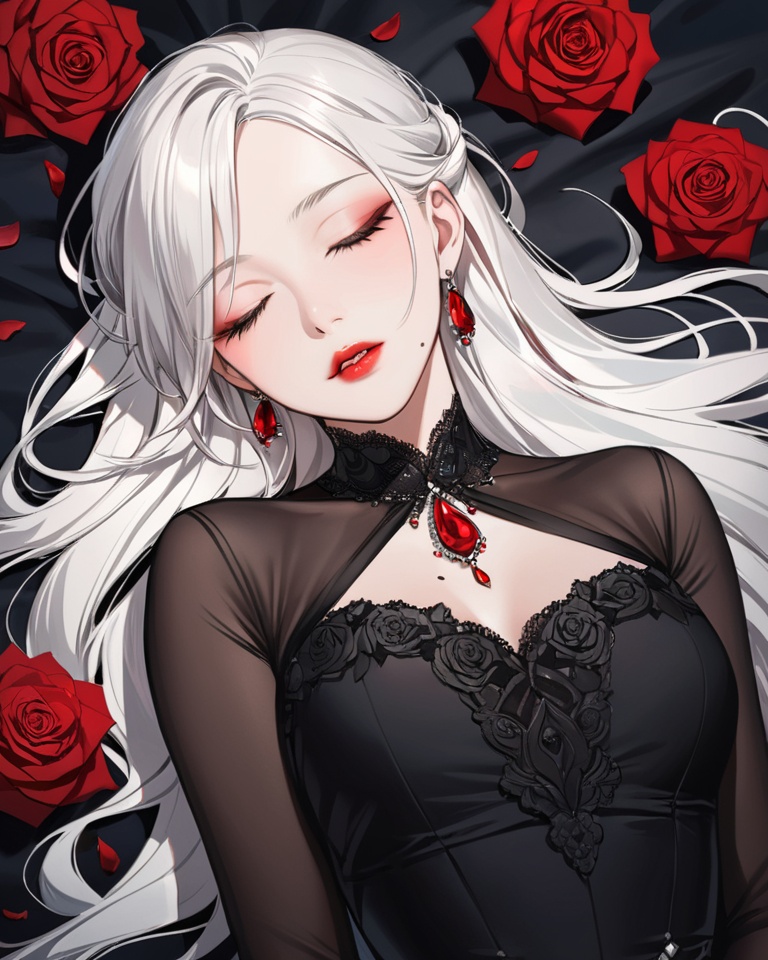 (best quality), ((masterpiece)), (highres), illustration, original, extremely detailed,<lora:SNQX:0.7>1girl, solo, rose, mole, long hair, flower, closed eyes, parted lips, red flower, dress, jewelry, mole under mouth, red rose, upper body, red lips, on back, lips, mole under eye, black dress, eyelashes, white hair