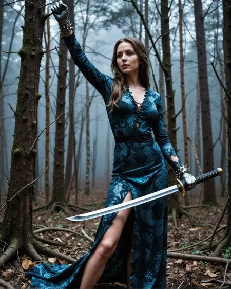 Dreamscape professional 3d model fighting chinese dragon lady holding samurai sword, high slit dress, mystic fog of bambus forest , raised arm in fighting pose, <lora:ILXL_Realism_Slider_v1 by klaabu @ civitai.com - thanks, cunt!:1>metal gloves with thorns, . octane render, highly detailed, volumetric, dramatic lighting, Grimdark painting art style, dark and brooding composition, dramatic lighting, captures the sinister and macabre atmosphere . Surreal, ethereal, dreamy, mysterious, fantasy, highly detailed