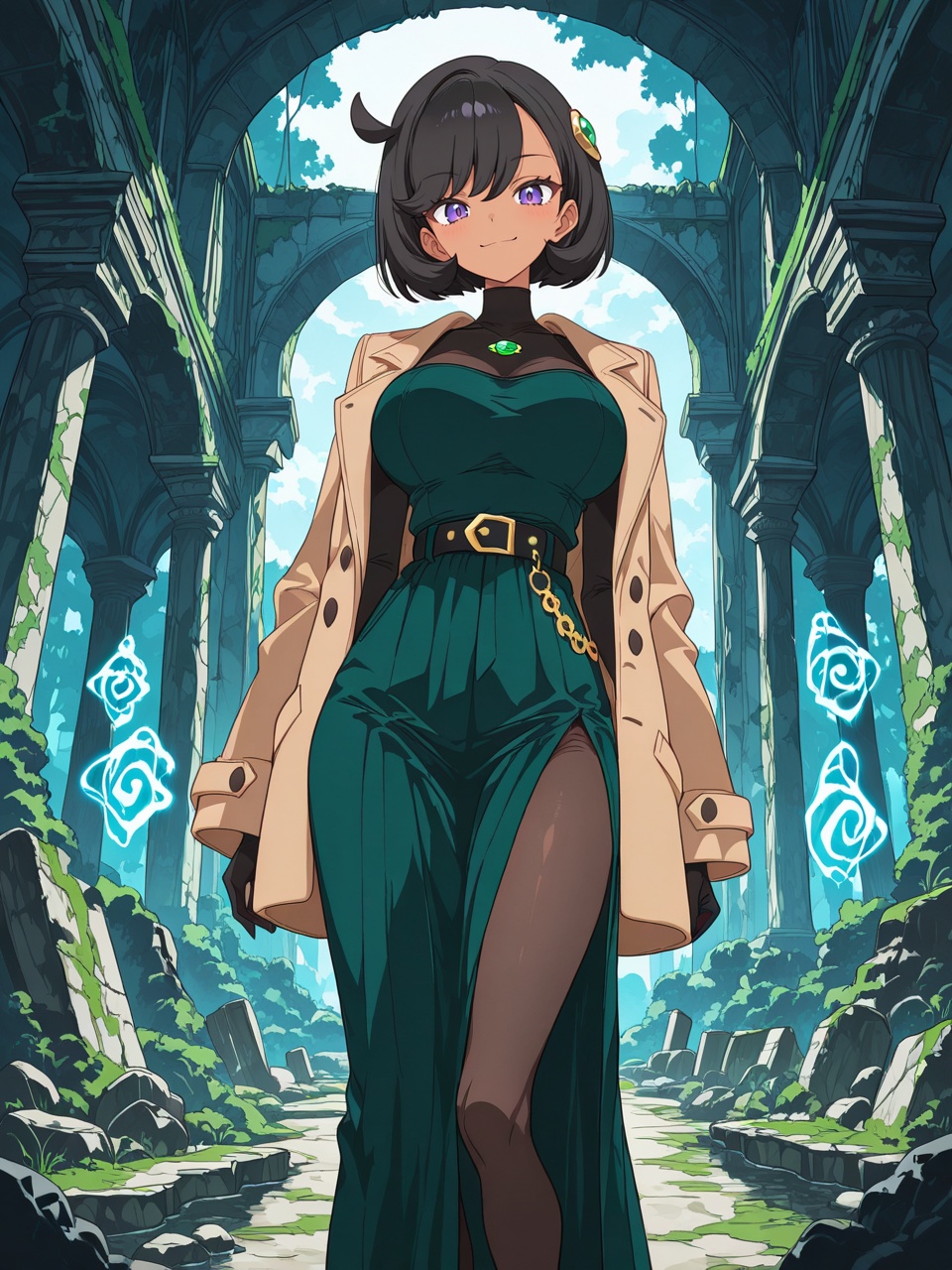 deep emerald green velvet dress,  golden embroidery,  thigh-high slit on Tensor.Art