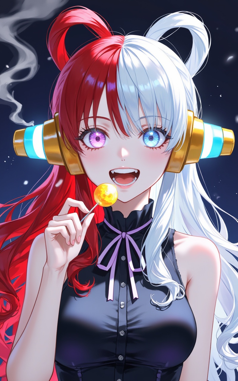 <lora:乌塔10:0.9> Uta,Uta (one piece),Uta one piece,split-color hair,white hair,two-tone hair,red hair, purple eyes， ribbon,1girl, solo, multicolored hair, red hair, food, white hair, two-tone hair, lollipop, candy, open mouth, hair rings, holding food, long hair, holding, looking at viewer, upper body, blue eyes, breasts, sleeveless, bare shoulders, glowing, holding candy, bangs, smoke, teeth, holding lollipop, headphones, hand up, medium breasts, glowing eyes, eyelashes, ribbon, bare arms, heterochromia, tongue