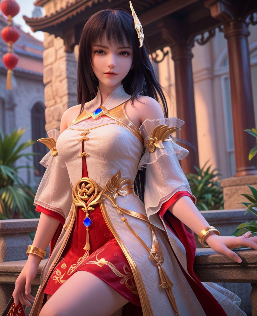 (oriental architecture, elegant decor, sophisticated style:1.1),Leaning against a brick wall, one leg slightly bent, looking relaxed,,(breasts:1.2),<lora:XL完美世界灵凤:0.95>,miss lingfeng,solo,white dress,sash,red underskirt,detached sleeves,green eyes,mole under left eye,black hair,bangs,long hair,hair ornament,bare shoulders,wide sleeves,gem,jewelry,bracelet,, zPDXL2, score_9, score_8_up, score_7_up BREAK realistic, masterpiece,best quality, highly detailed,, zPDXL3, zPDXL2,zPDXL, zPDXLxxx, zPDXLrl,