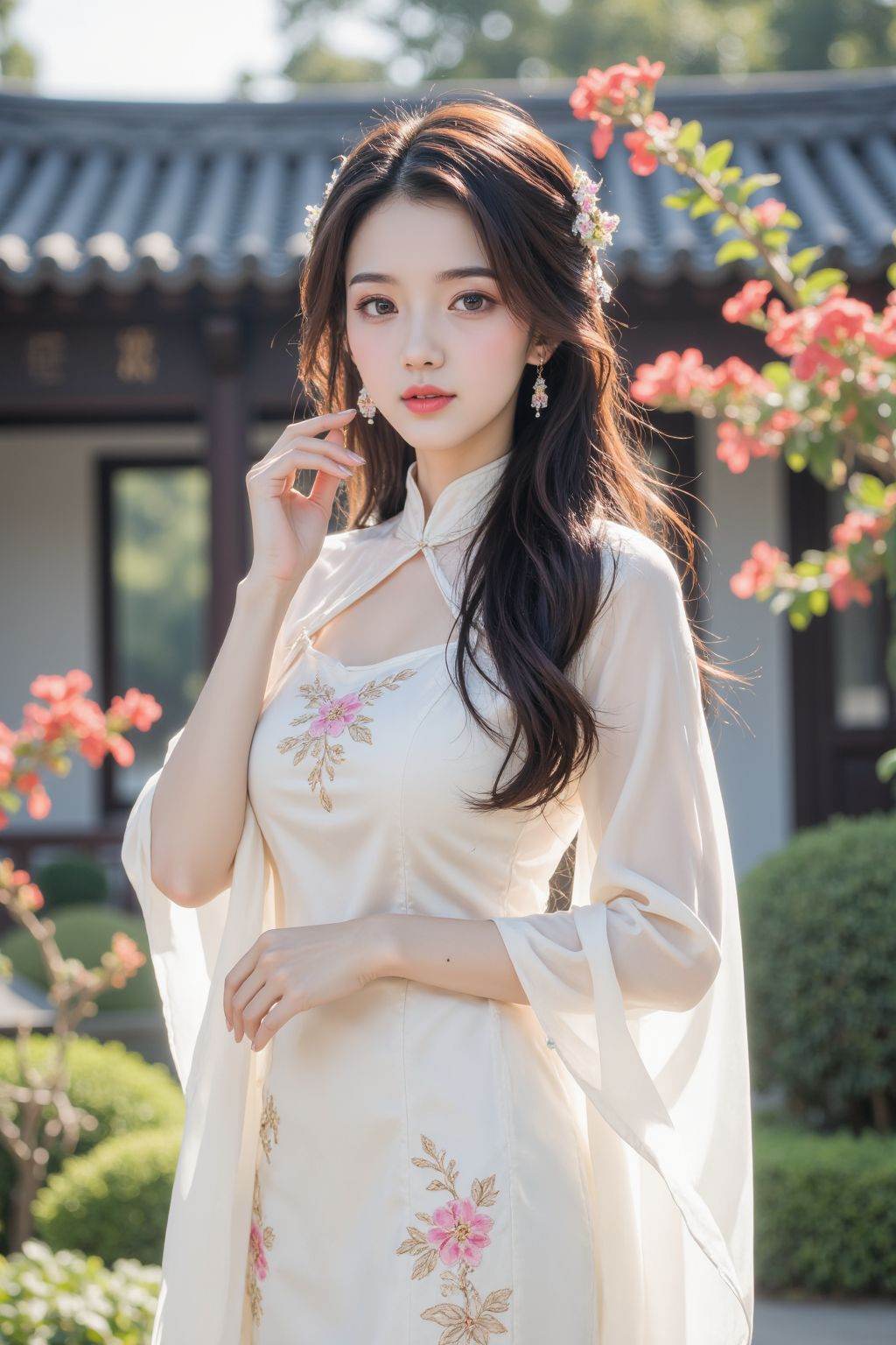 This photograph captures a young Asian woman standing in a serene garden setting, bathed in soft, natural light. She has long, wavy dark brown hair adorned with delicate floral hair accessories. Her complexion is fair, and her makeup is subtle yet elegant, featuring soft pink lipstick and light eye shadow. She is dressed in a traditional Chinese outfit, known as a qipao, which is a form-fitting dress with a high collar and long sleeves. The dress is predominantly white with delicate floral embroidery in shades of pink and beige, adding a touch of elegance and femininity.Her qipao is paired with a matching sheer, white overcoat that flows gracefully, accentuating the outfit's fluidity. The fabric appears to be a blend of silk and chiffon, giving it a soft, luxurious texture. She holds her right hand delicately near her face, while her left hand rests by her side. The background features a traditional Chinese garden with blooming red flowers and green foliage, and a classical building with a tiled roof, contributing to the cultural and historical context of the image. The overall mood is serene and graceful, capturing a moment of tranquility and beauty.