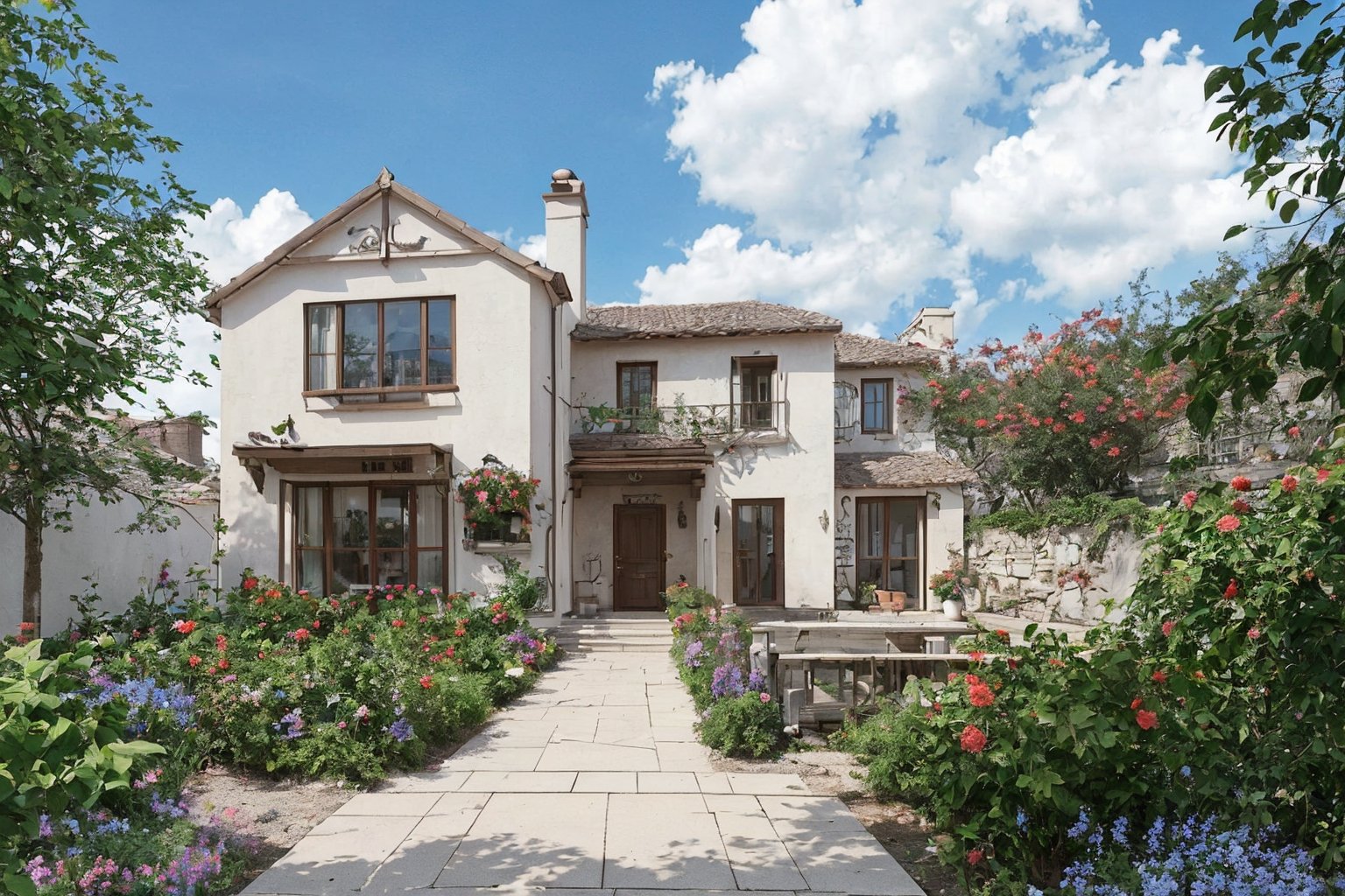 Villa,lots of blooming roses,outdoor,sky,sky,clouds,trees,blue sky,no people,leaves,chairs,grass,plants,red flowers,architecture,landscape,doors,potted plants,shrubs,house,garden,HD,16k,garden design,
