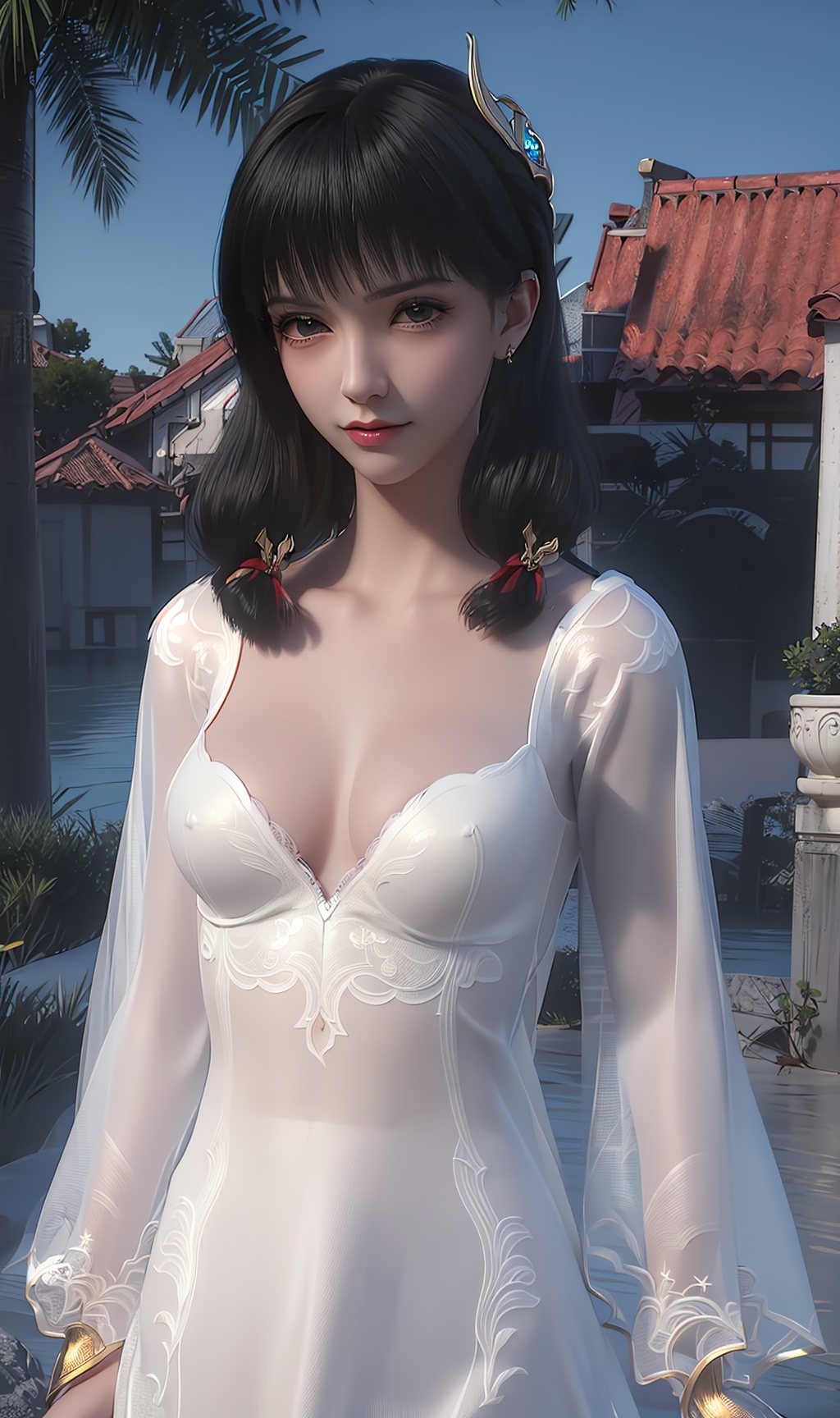 3D,masterpiece,(best quality),official art, extremely detailed cg 8k wallpaper,((crystalstexture skin)), (extremely delicate and beautiful),(highly detailed),(1girl), (solo), (jewelry), (breasts), (earrings), (black_hair),(hair),(hair_ornament),(handwear),  (long_hair), (medium_breasts),(dress),(long_sleeves) ,((upper body)),(sunshine, outdoor,),((looking_at_viewer)),((Facing the camera)),, <lora:hipoly3DModelLora_v10:0.3>