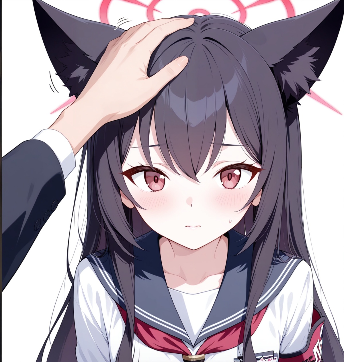 Shichido Yukino(blue archive),1girl, headpat, animal ears, disembodied limb, red eyes, halo, long hair, armband, school uniform, white background, black hair, simple background, serafuku, solo focus, sailor collar, blush, sensei (blue archive), hand on another's head, animal ear fluff, hair between eyes, bangs, neckerchief, long sleeves, upper body, red neckerchief,(aesthetics ),masterpiece,best quality,ultra high definition,32K resolution,clear focus,delicate details,high-end texture,fashion photography,film perspective,rich colors,color palette,advertising style,tension composition,masterpiece,mild atmosphere,latest,dynamic Dutch perspective,transparent composition,magazine cover,cover,