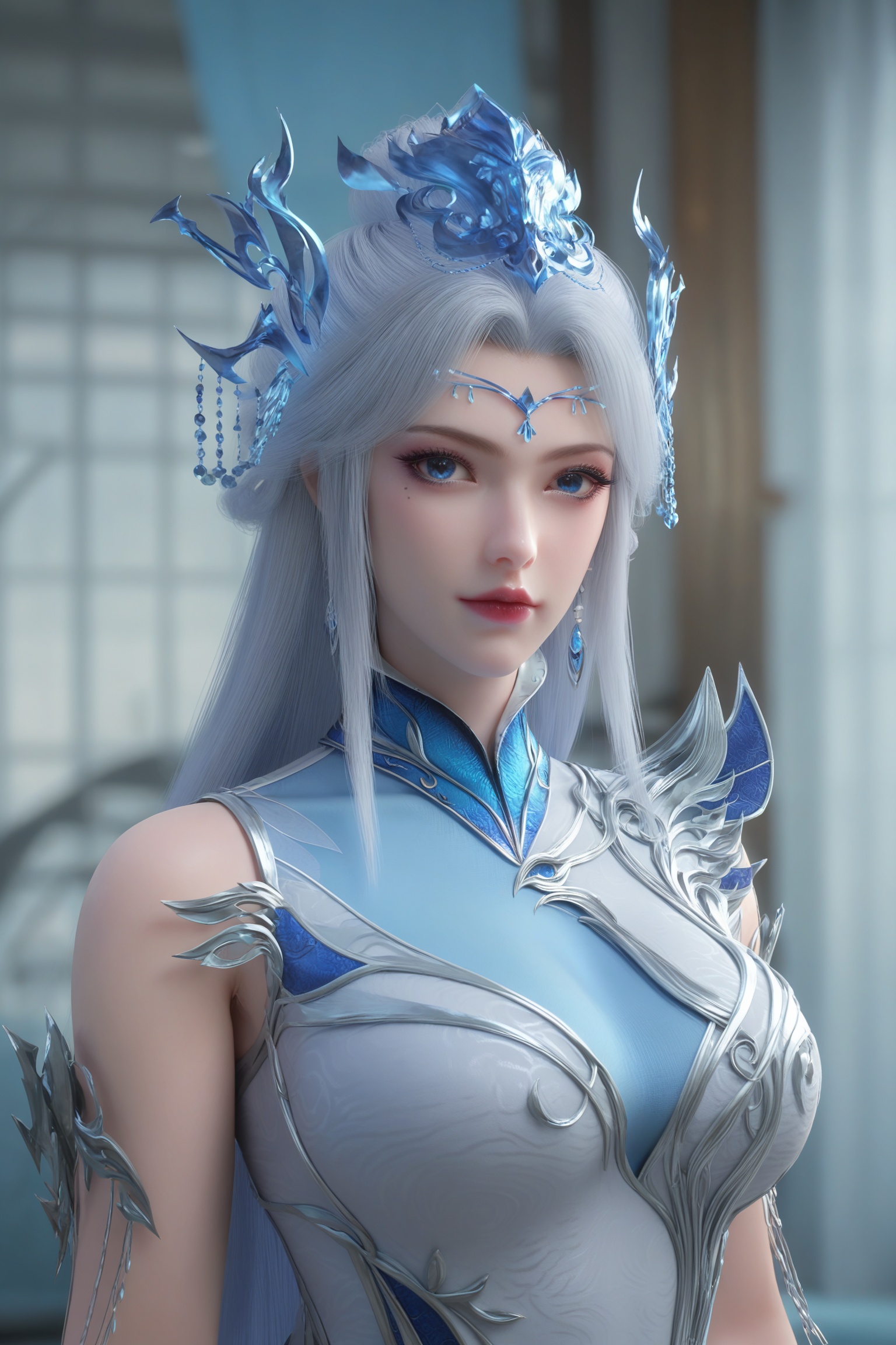 Close-up details,realistic style photo outstanding style,tall,cute,in her teens. Use soft lighting to cast gentle shadows on the subject,adding a touch of dimension to your images without compromising details,score_9,score_8_up,score_7_up,looking at viewer,<lora:宁雨蝶-殿主_重置版Pony:0.7>,long silver hair,blue eyes,delicate,sparkling eyeshadow and mascara,a delicate,intricate headpiece,wears an intricately designed,armor-like dress in shades of white and blue,featuring intricate patterns and metallic accents that resemble frost or ice,