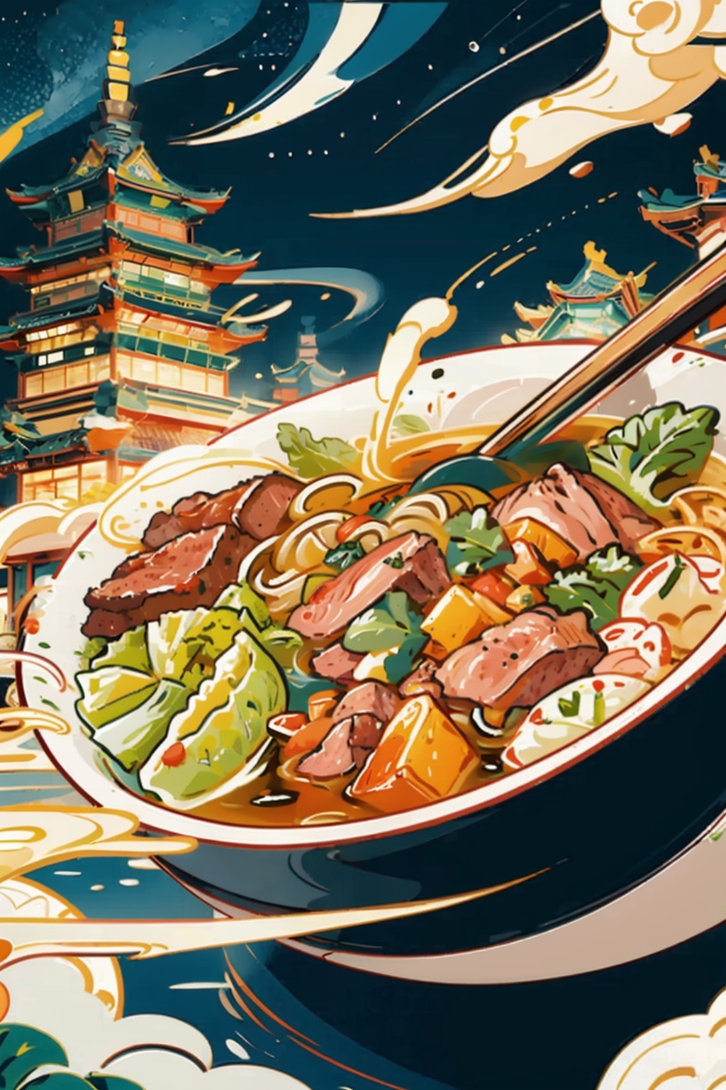 ((masterpiece)), best quality, perfect anatomy,8K wallpaper,mChinaChic, no humans, architecture, food focus, food, east asian architecture, noodles, leaf, green vegetables, cloud, bowl, steam, picking up noodles with chopsticks, smoke, meat, Roujiamo, vegetable, building, soup, wide noodles, spring onion, night sky, starry sky, chinese text on bowl<lora:mChinaChic_v1:0.8>