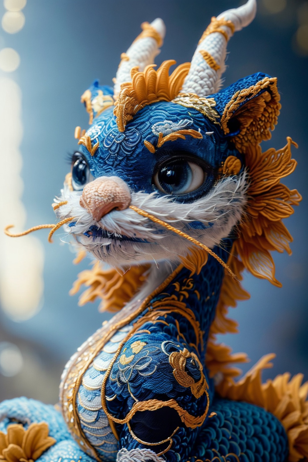 a blue and gold image of a Chinese Loong,realistic fine details,Chinese embroidery,no humans,blue eyes,depth of field,animal,animal focus,scales,
