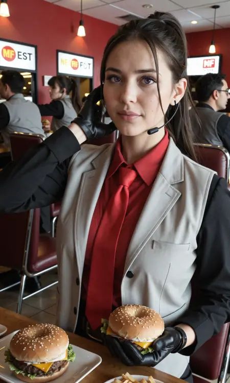 masterpiece, best quality, incredibly absurdres, best anatomy, ray tracing, finely detailed, soft cinematic lighting, dramatic shadows, 1girl, high ponytail, sidelocks, long hair, black hair, purple eyes, headset, earpiece, open jacket, black jacket, red necktie, collared shirt, grey vest, half gloves, black gloves, brown belt, black pants, sitting, eating, holding burger, sweat, chewing, round cheeks, !?, wide-eyed, raised eyebrow, indoors, fast food restaurant, detailed background, tables, chairs, fast food menu, soft light reflections, refined aesthetic, polished render, elegant composition