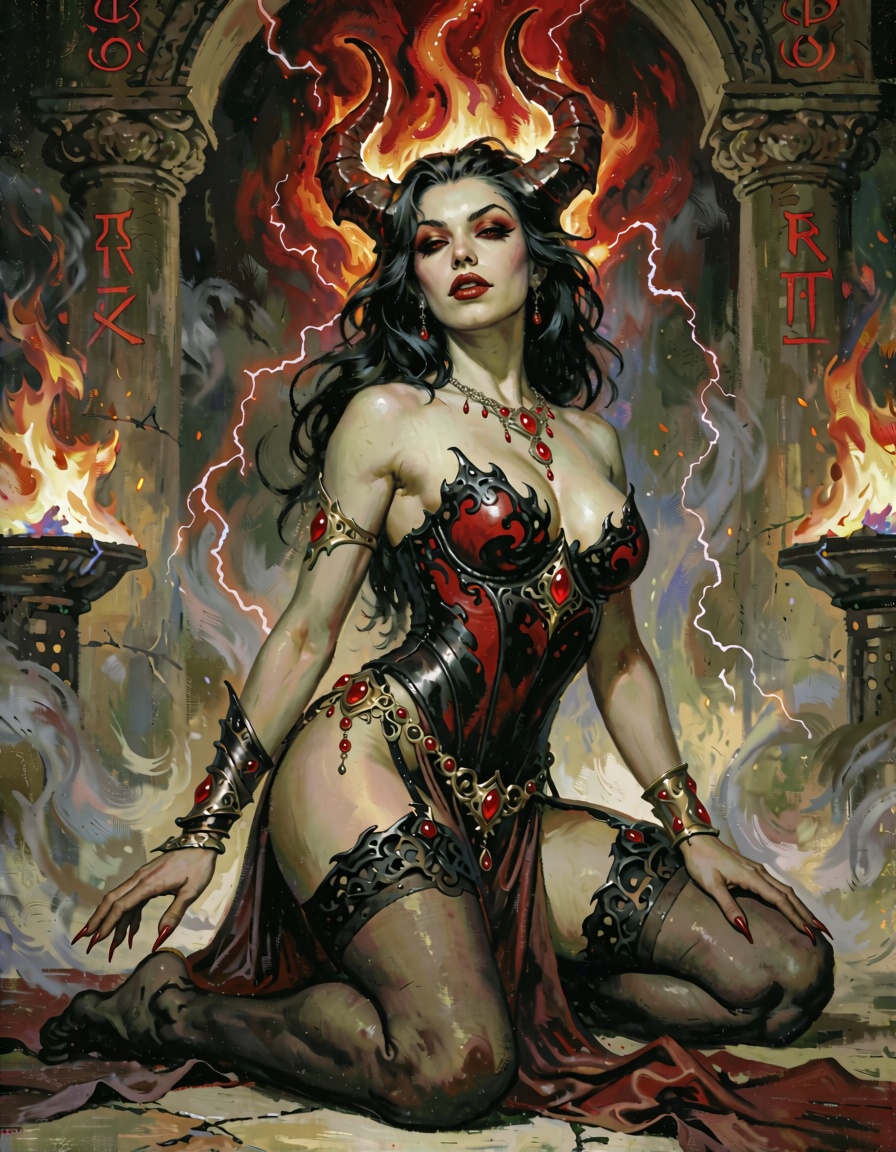 A breathtakingly cinematic and epic fantasy portrait captures a dominant,  seductive demoness kneeling with regal authorit...