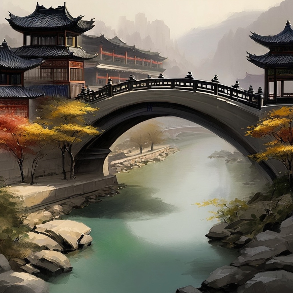 gufengstyle,chinese painting,chinese style,a painting of a city with a bridge and a river in the middle of it,<lora:gufengstyleSDXL-000017:0.9>