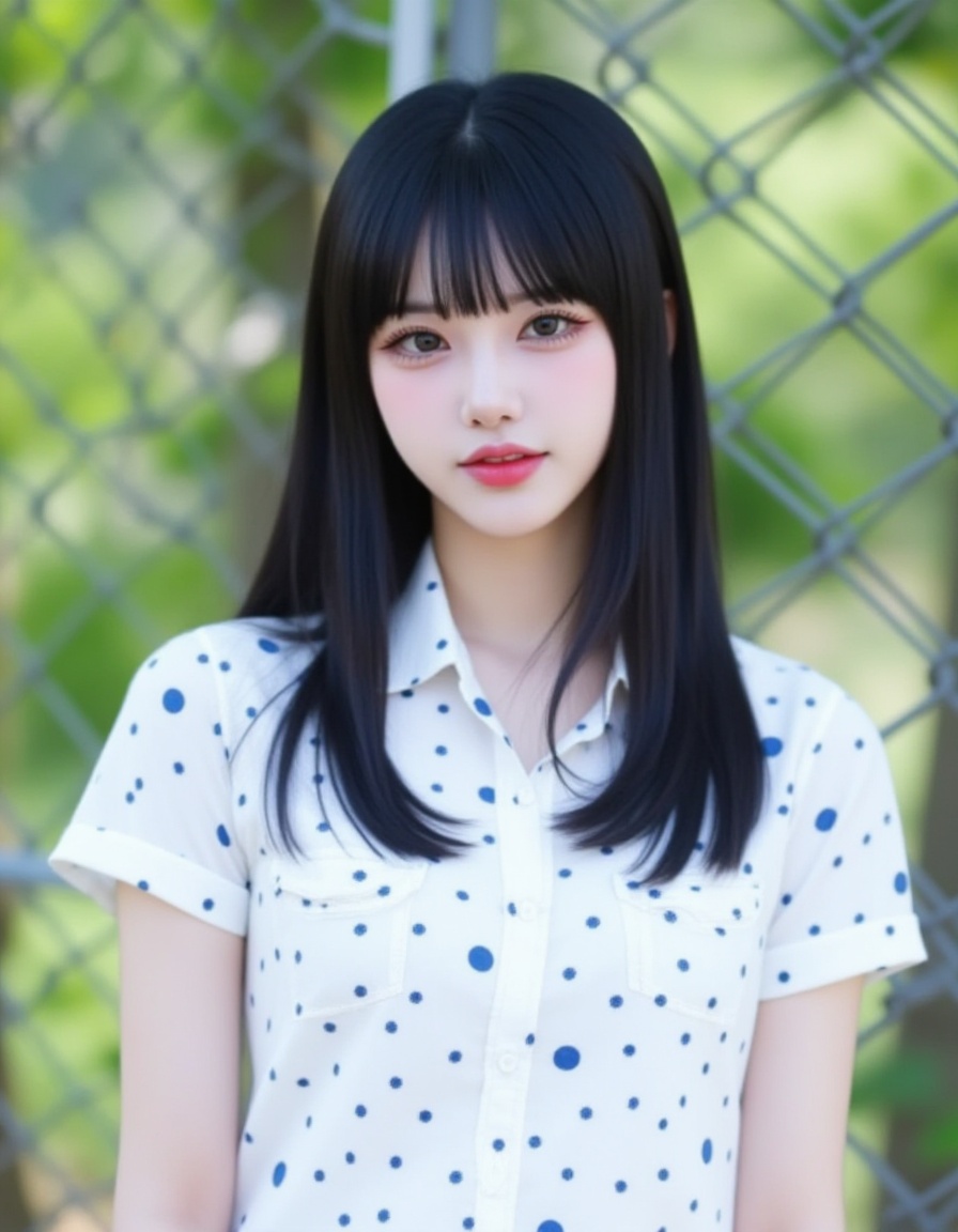 A photograph of a young East Asian woman with straight, long black hair and bangs, wearing a white short-sleeved shirt with blue and dark blue polka dots. She has fair skin, a slim build, and is standing in front of a metal chain-link fence, with greenery visible in the blurred background. Her expression is neutral, and she has a delicate, natural makeup look with red lipstick.