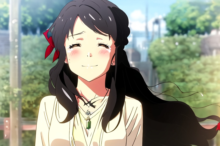 dream,New Haicheng Animation Style,1girl,solo,long hair,blush,smile,black hair,ribbon,jewelry,closed mouth,closed eyes,hair ribbon,upper body,outdoors,tears,necklace,star \(symbol\),red ribbon,yellow shirt,star necklace,miyamizu mitsuha,
