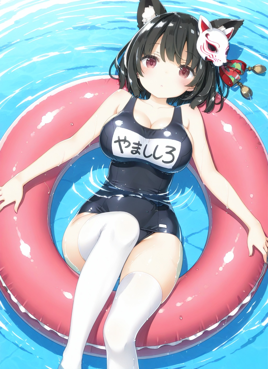 <lora:yamashiro_IL_v1.0:1>,yamashiro_(summer_offensive?)_(azur_lane),school swimsuit,name tag,mask on head,swim ring,pool,white thighhighs,kani biimu,in ring,large breasts,on back,partially submerged,bent over,, masterpiece,best quality,