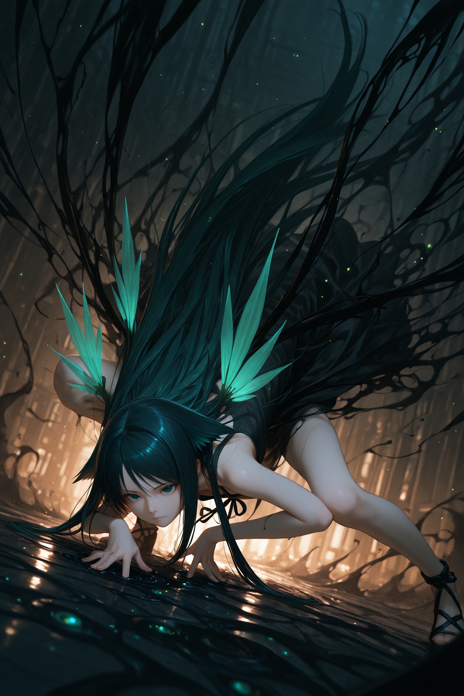 masterpiece,best quality,amazing quality,very aesthetic,absurdres,newest,in the style of fashion photography,light particles,cinematic lighting,Visual impact,sharp focus,Emotionalization,depth of field,dynamic pose,dutch angle,extreme aesthetic,scenery,1girl,saya \(saya no uta\),saya no uta,chaotic scene,squatting on the ground,halluci,terrible liquid,black smoke,black mist,mist,