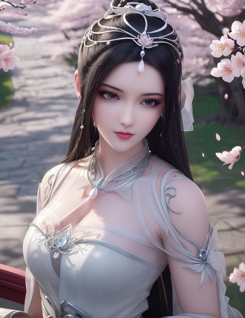 ultra realistic 8k cg, picture-perfect face, flawless, clean, masterpiece, professional artwork, famous artwork, cinematic lighting, cinematic bloom, perfect face, beautiful face, fantasy, dreamlike, unreal, science fiction,   lace, lace trim, lace-trimmed legwear,  (rich:1.4), prestige, luxury, jewelry, diamond, gold, pearl, gem, sapphire, ruby, emerald, intricate detail, delicate pattern, charming, alluring, seductive, erotic, enchanting, hair ornament, necklace, earrings, bracelet, armlet,halo((,1girl, pov,))  , ((((1girl, solo, ,cherry blossoms,outdoors, ))))<lora:DA_LinQingZhu:0.7>