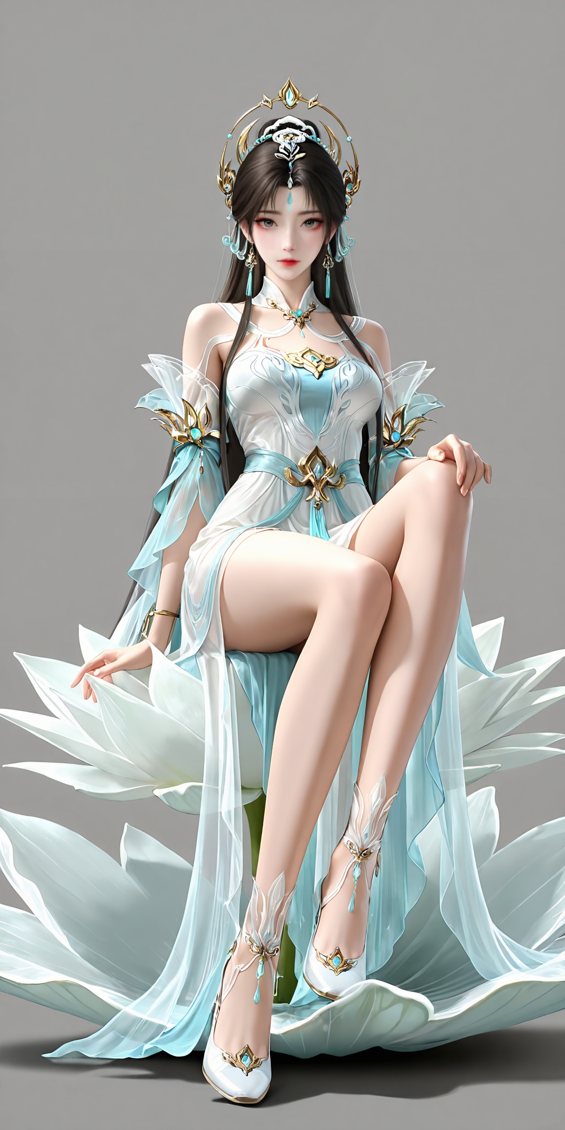masterpiece,high quality,tall,game cg,highres,(soft light:1.2),white_skin,(shiny_skin:0.6),(realistic:1.1),lvjing,<lora:清漪·新建模ILL:0.6>,qingyi,1girl,solo,jewelry,upper body,long hair,earrings,hair ornament,forehead mark,dress,facial mark,white dress,closed mouth,looking at viewer,grey background,simple background,brown hair,black hair,legs,long legs,white footwear,full body,sitting,lotus,sitting on lotus,big lotus,