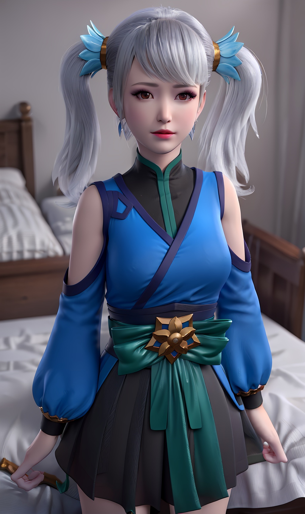3D,masterpiece,(best quality),(makeup),official art, extremely detailed cg 8k wallpaper,((crystalstexture skin)), (extremely delicate and beautiful),(highly detailed),(face),(double_ponytail),(collar),(1girl), (solo), (jewelry), (earrings),(white_hair),(long_hair),(hair_ornament),(handwear),(sleeve),(breast),((standing)),((upper_body)),(dress),(shorts_under_skirt),(chinese_clothes),(multicolored_clothes),(multicolored_dress),,(shiny_clothes),(long_legs),(sash),(closed_mouth),(room,bed),((looking_at_viewer)),((Facing the camera)),, <lora:hipoly3DModelLora_v10:0.3>