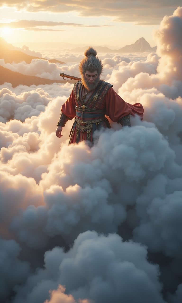 JQZX, Sun WuKong, sun wukong standing on the white clouds, flying in the air, behind the smoke, somersault clouds, swallowed by the clouds, surrounded by the clouds, magic style, at the sunset., mountains in distance