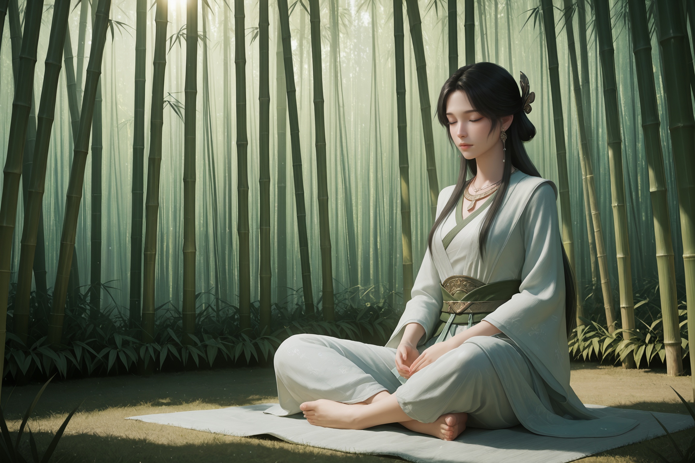 masterpiece,best quality,realistic,cinematic_angle,outdoors,bamboo forest,big bamboo,The sunlight shines through,hazy,<lora:illustrious-梅凝-v1.6:0.65>,1girl,meining,black hair,long hair,jewelry,hair ornament,earrings,necklace,hanfu,barefoot,expressionless,closed eyes,indian_style,meditation,