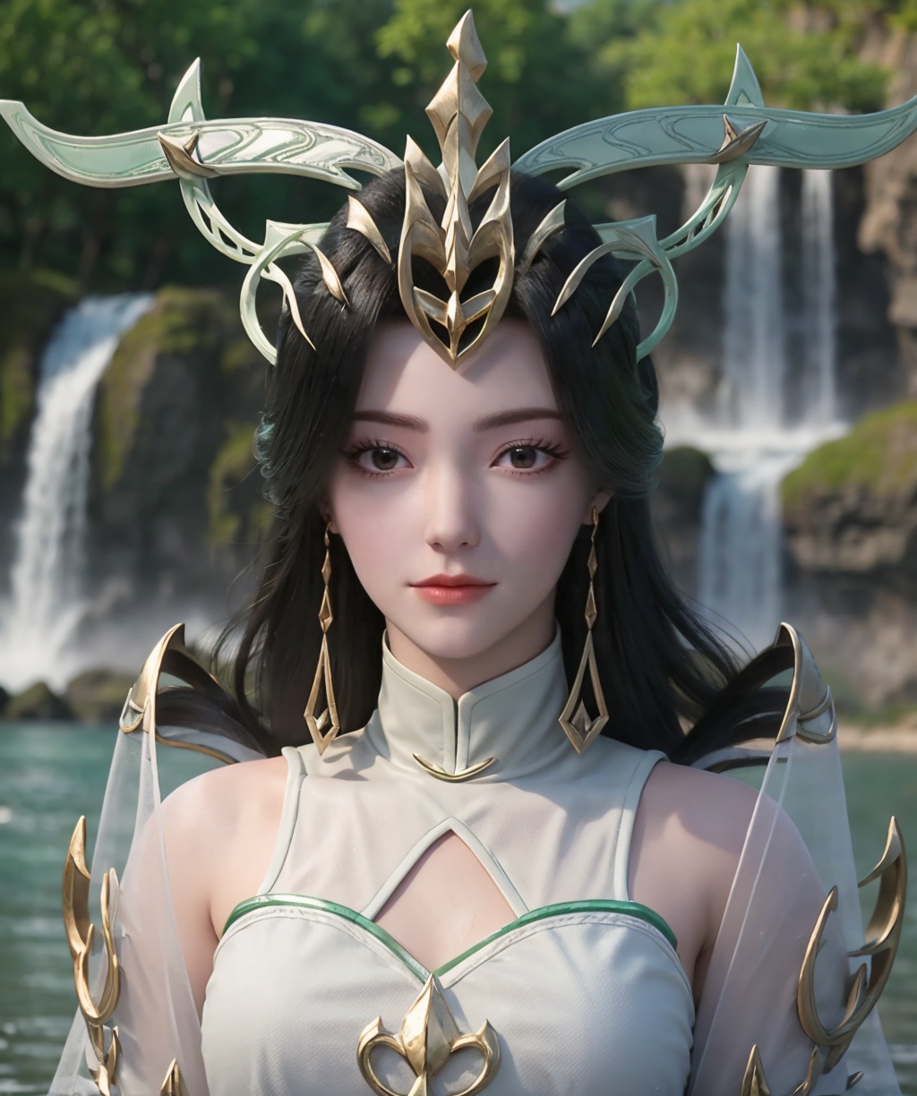 <lora:liushen:0.85>,upper body,(looking at viewer),1girl,solo,jewelry,hair ornament,earrings,high collar dress,outdoors,nature,water,lake,waterfall,blurry background,depth of field,