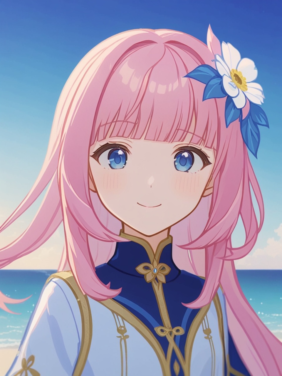 masterpiece,best quality,extremely detailed CG unity 8k wallpaper,Depth of field,cinematic lighting,backlighting,cel shading,anime screencap,long hair,beautiful detailed eyes,1girl,finely detail,(upper body:1.2),pink hair,(blue streaked hair:1.25),blue sky with cloud,sea,(flower near sea:1.5),seductive smile,random pose,solo,looking at viewer,ribbon,standing on beach,near water,blush,blunt bangs,blue water,gcg,<lora:gcg.xl-low-lr:0.7>,