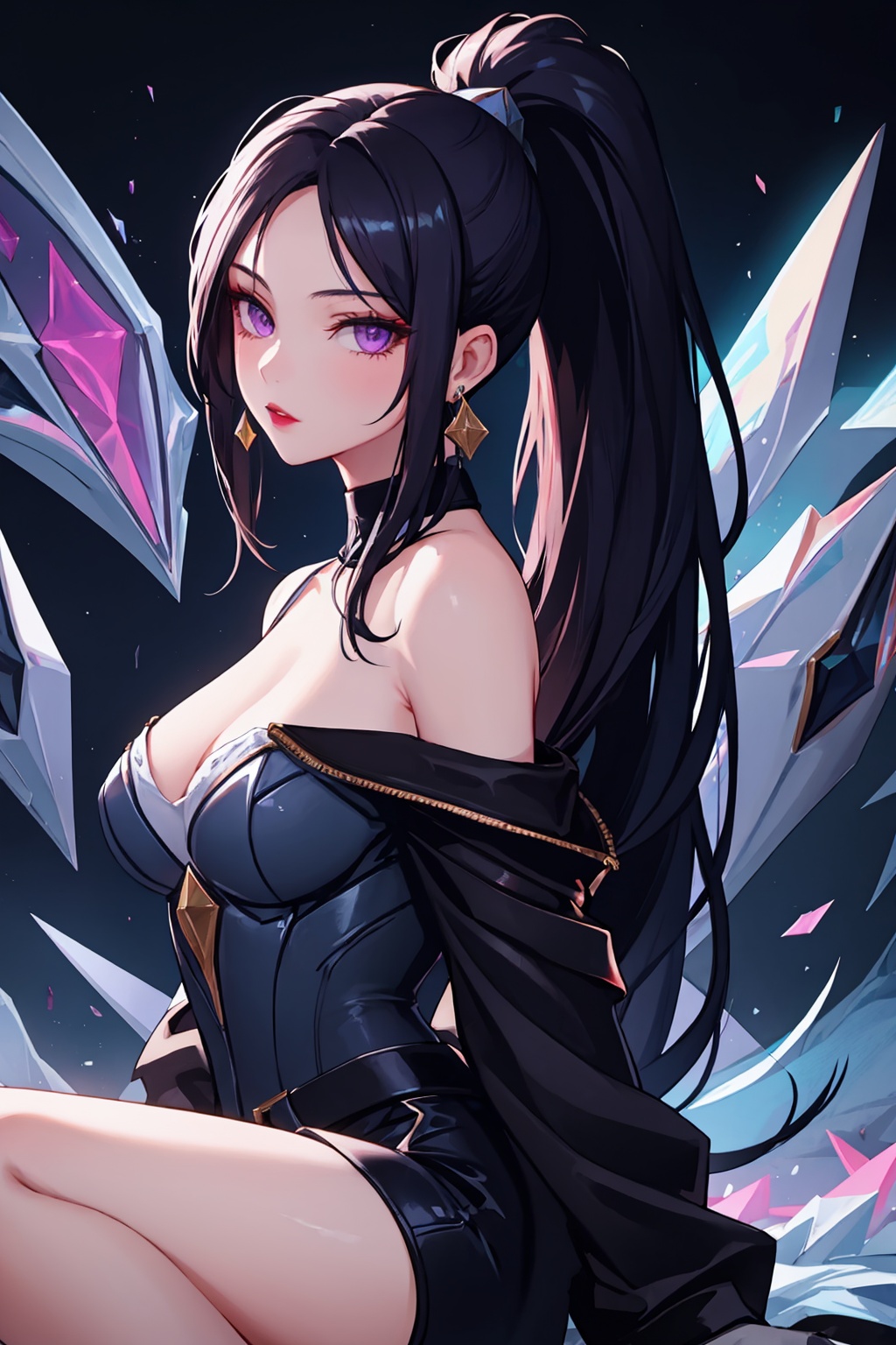 masterpiece,best quality, highly detailed, 1girl,k/da \(league of legends\),kai'sa,ponytail,bare shoulders,earrings,looking at viewer,solo,official alternate costume,tight,breasts,lipstick,off shoulder,<lora:kai'sa:1>