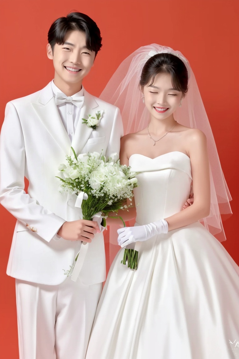 ((HRD, HUD, 8K)),((masterpiece, best quality)), highly detailed, soft light,WEDDING, 1girl, wedding dress, 1boy, bouquet, flower, dress, jewelry, black hair, hetero, necklace, veil, gloves, formal, closed eyes, bridal veil, bowtie, bride, bow, red background, earrings, couple, suit, wedding, strapless, holding, white dress, smile, white gloves, bare shoulders, rose, holding bouquet, short hair, simple background, red flower, husband and wife, <lora:20240407-1712491685411:0.8>