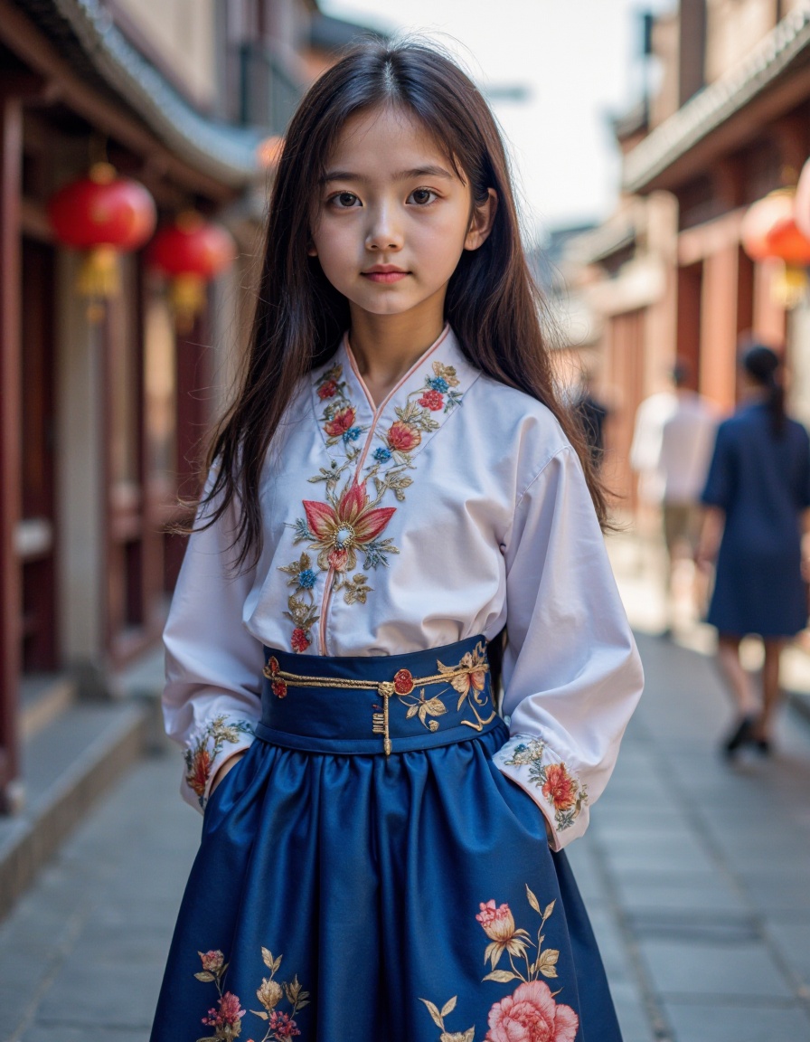 girl with long hair and brown eyes, wearing a blue chinese skirt,