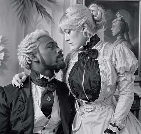 A blonde woman seducing a black man 1900_dr3ss on Tensor.Art