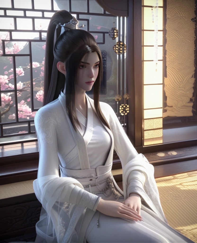 (oriental architecture, elegant decor, sophisticated style:1.1),(twisted torso:1.1),(breasts:1.2),<lora:XL16永生方清雪:0.95>,miss fangqingxue,see-through overdress with embroidery,white chinese clothes,black hair,half-up ponytail with long cascading hai,very long hair,wide flowing sleeves,white hagoromo,, score_9,score_8_up,score_7_up,score_6_up,score_5_up,score_4_up,3d rendering,tag1,tag2, Cinematic Lighting,backlighting,