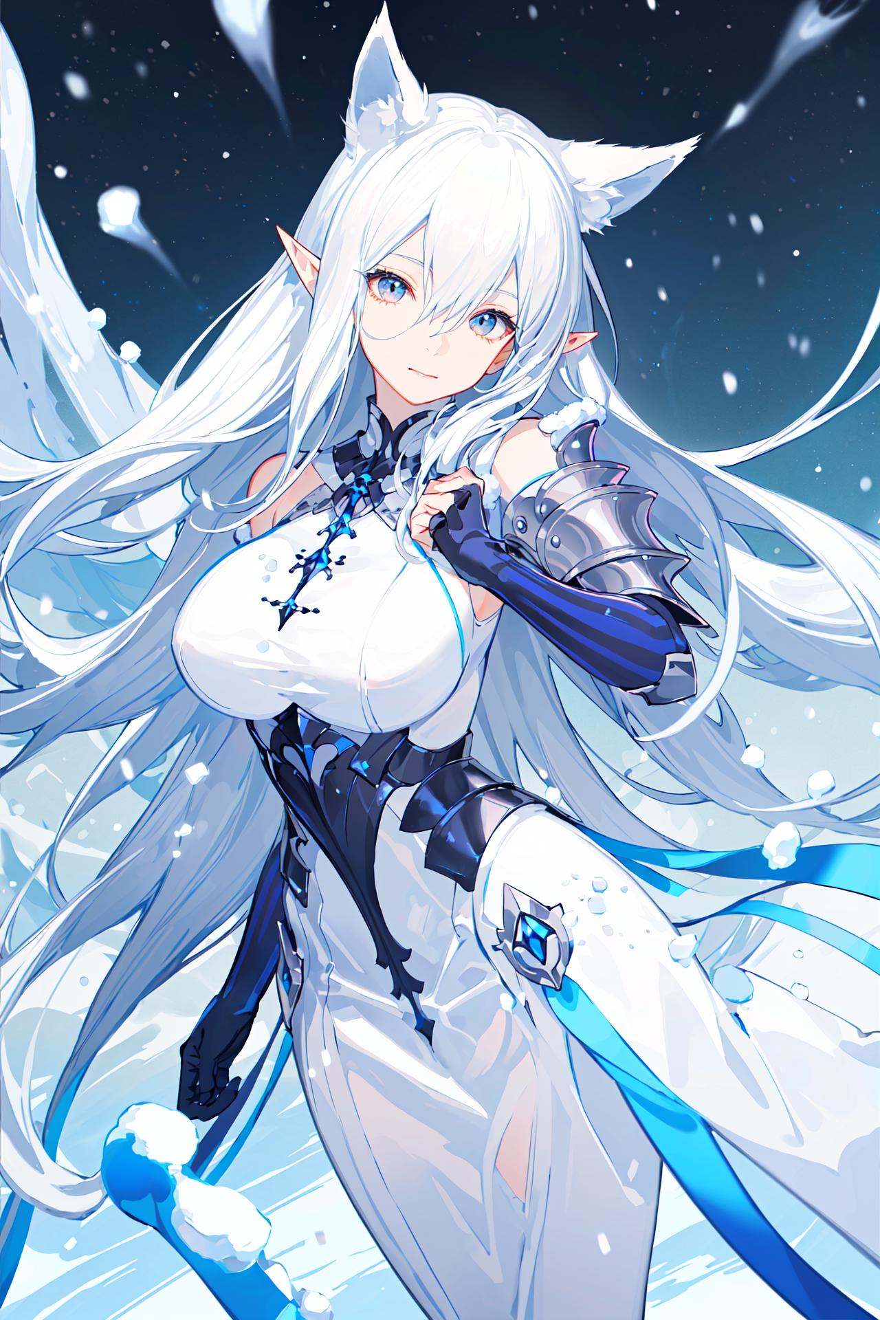 (very big white eyes:1.2), (very long white hair:1.4), very long hair, battle armor, whtie long dress, bishoujo, white eyes, (midium breasts:1.3), star eyes, shiny eyes, perfect details, 1girl, ice palace, elf ears, snow elf, pure white skin