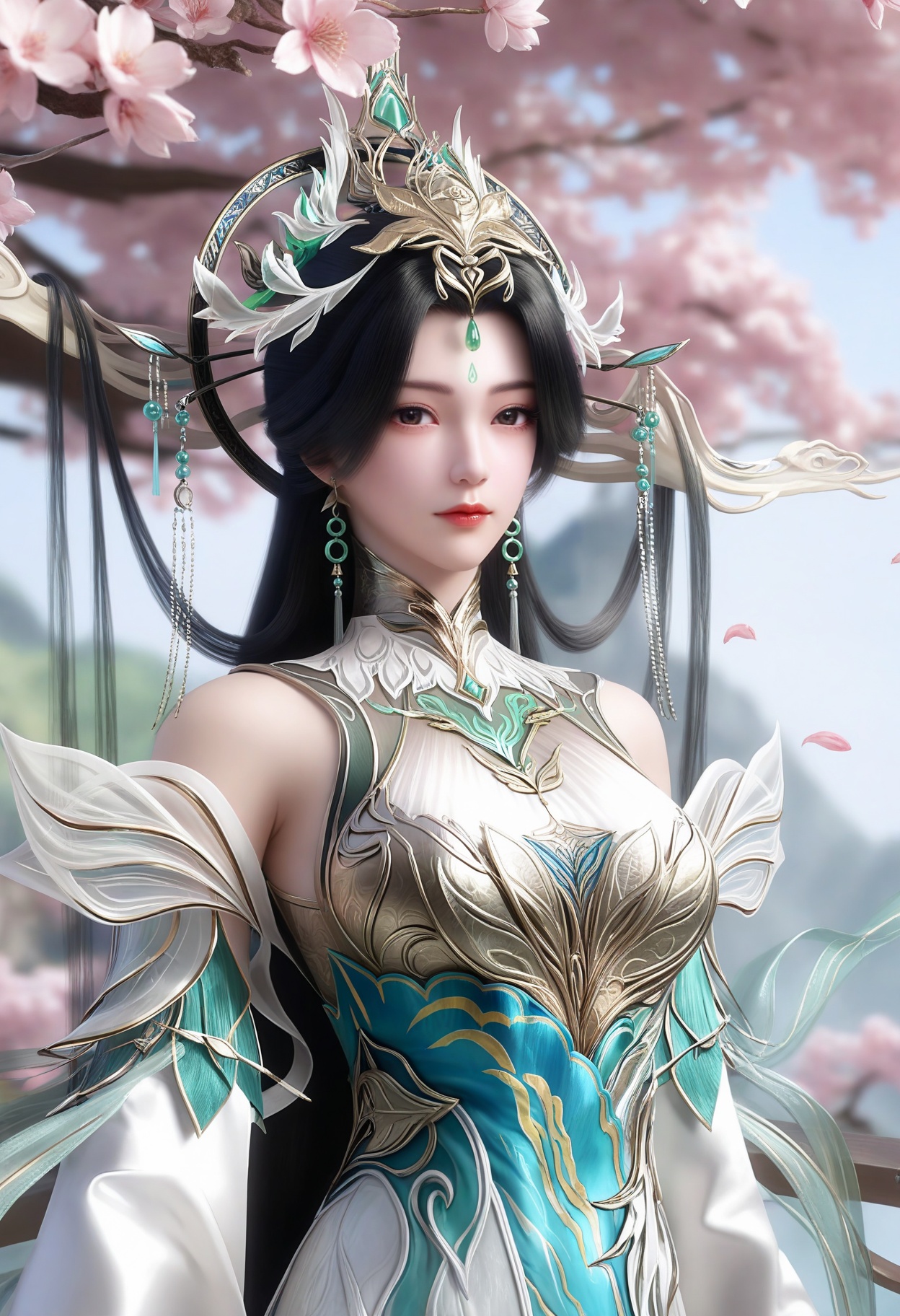 masterpiece,best quality,amazing quality,very aesthetic,high resolution,ultra-detailed,absurdres,scenery,photorealistic,(looking at viewer:1.1),upper body,peach blossom,falling petals,(large breasts:0.8),liushenwudidao,1girl,solo,black hair,hair ornament,long hair,jewelry,earrings,closed mouth,forehead mark,dress,forehead jewel,expressionless,detached sleeves,white dress,bare shoulders,long sleeves,chinese clothes,brown eyes BREAK photorealistic details,<lora:QQSillliushenwudidaoV6:0.8>,
