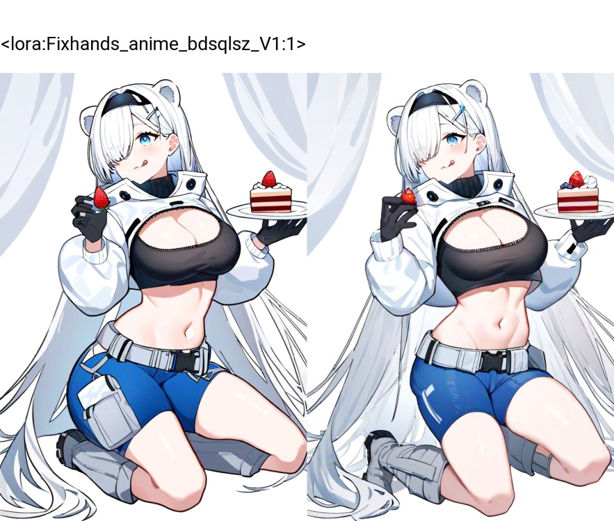 1girl, aurora \(arknights\), arknights,  crop top, tongue, very long hair, strawberry, grey footwear, belt, large breasts, shirt, solo, curtains, holding plate, food, hands up, holding, holding cake, cropped shirt, white hair, cropped jacket, eating, white background, blue pants, bear girl, hairclip, pants, hair ornament, sleeves past elbows, extra ears, cake, animal ears, breasts, dated, navel, fruit, hair over one eye, looking at food, jacket, boots, black hairband, white jacket, black shirt, simple background, blue eyes, bear ears, straight hair, holding food, long bangs, kneeling, long hair, hairband, chibi, cleavage, licking lips, twitter username, midriff, black gloves, plate, full body, gloves, tongue out, chaps, masterpiece, best quality, absurdres, sensitive <lora:Fixhands_anime_bdsqlsz_V1:1>