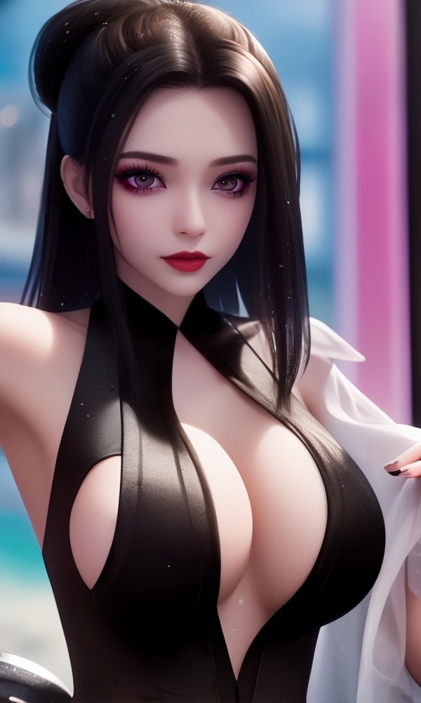 (,1girl, ,best quality, ),looking at viewer, <lora:411-DA-太一剑仙传-季师师:0.8> ,, ,masterpiece, (( , )),,ultra realistic 8k cg, ,      ,building, bare_shoulders,cleavage cutout, eyelashes,magic,hydrokinesis,sweat, wet, rain, ,       (cleavage), (), blurry, depth_of_field, blurry_background, 1girl, blurry_foreground, black_hair, mole, solo, lips, motion_blur, nose, makeup,