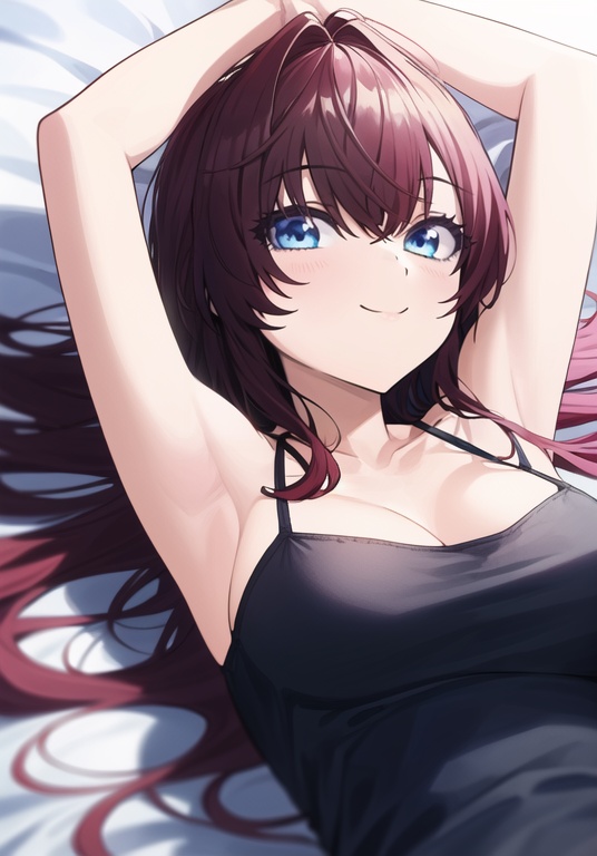 (best quality), ((masterpiece)), (highres), illustration, original, extremely detailed  <lora:モだれの画布:0.6>msds, 1girl, solo, ichinose shiki, breasts, long hair, armpits, looking at viewer, lying, on back, arms up, smile, blue eyes, upper body, cleavage, bangs, collarbone, closed mouth