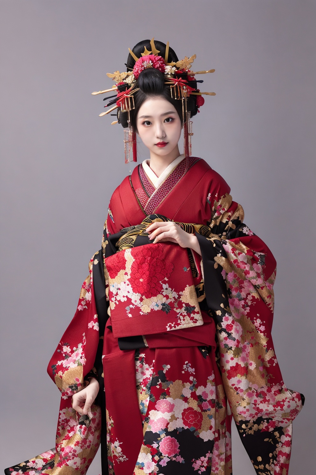 (wsoiran:1.1),1girl,oiran,headpiece,ornate,kimono,hairpin hairpin,hyogo north,oversized clothes,facing viewer,simple background,